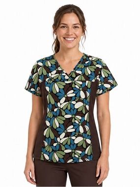 Vintage Cherokee Flexibles Retro Mod Floral Scrub Top Small brown green blue
